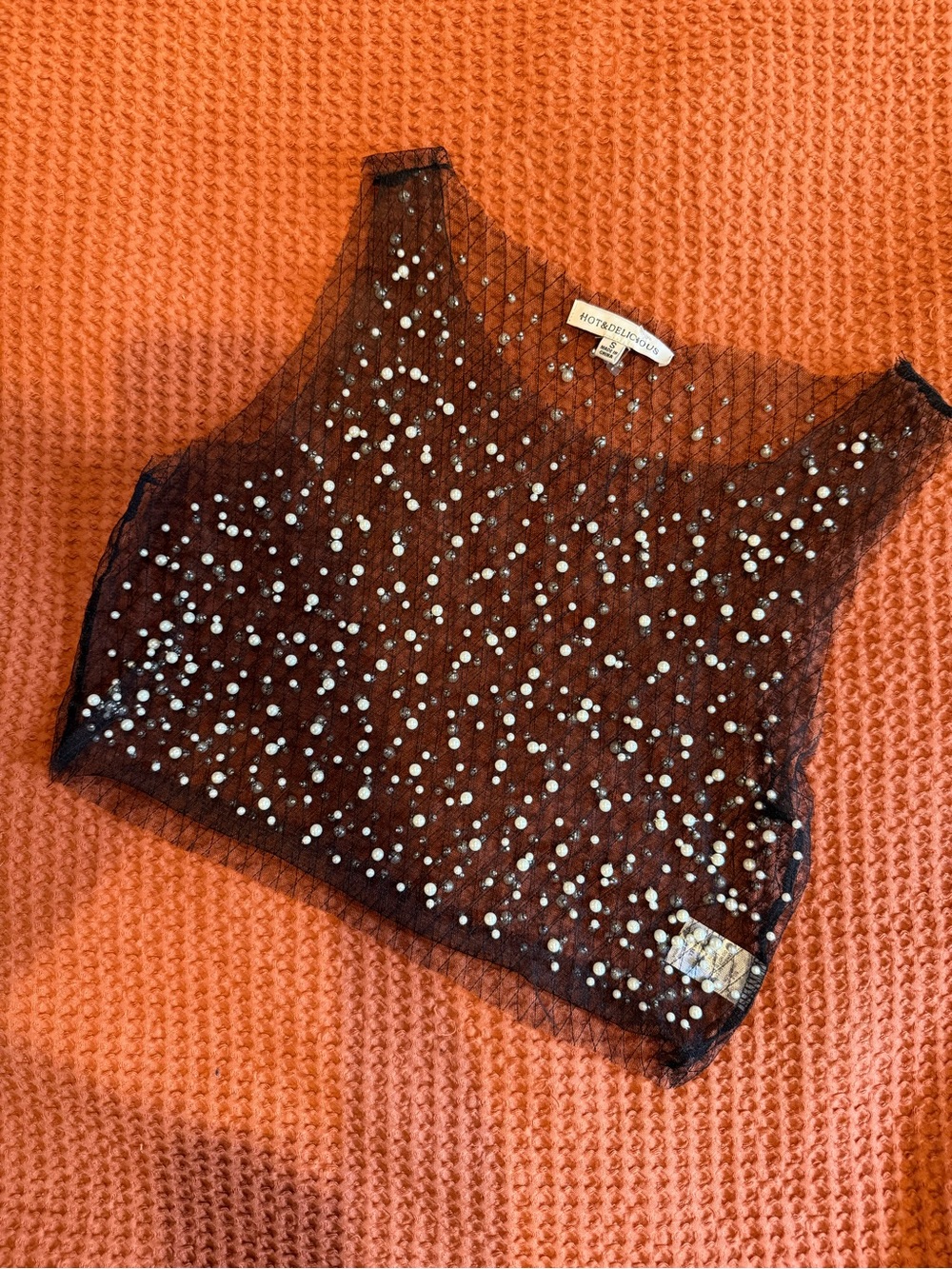 Black cropped mesh pearl top